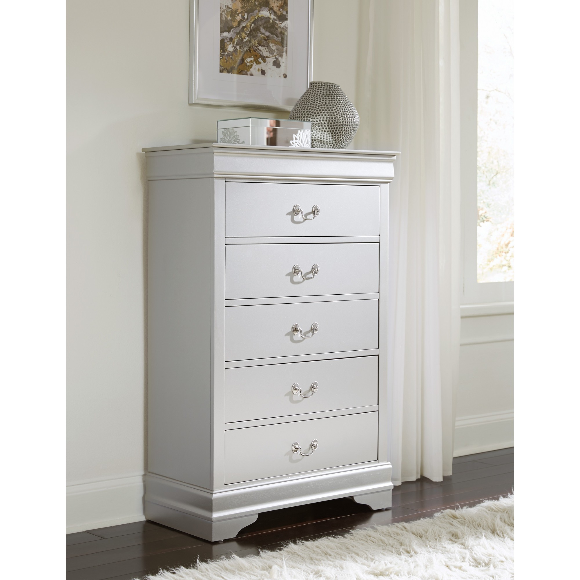 Modern Silver Toned Chest with 5 Drawers