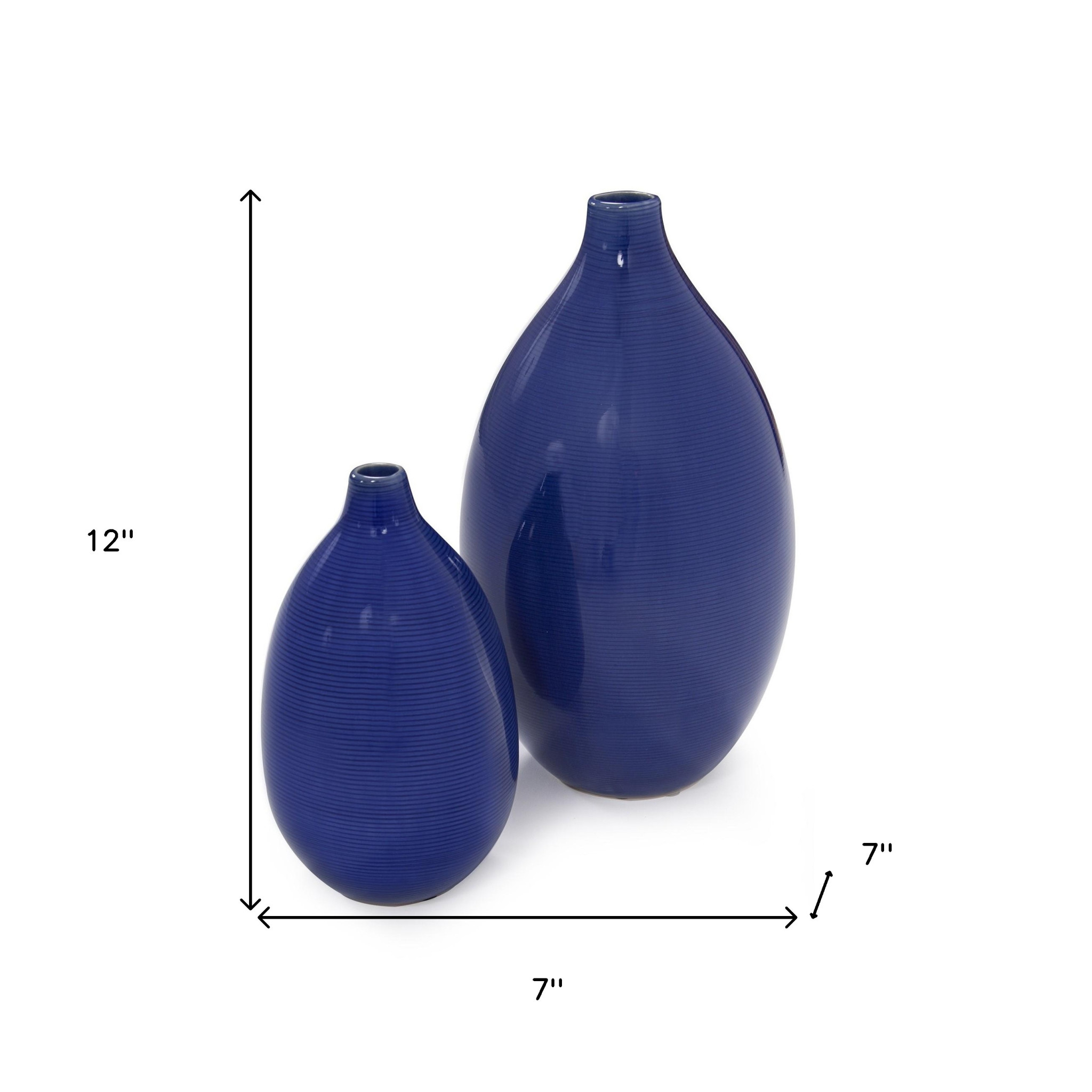 Set of 2 Deep Indigo Blue Ceramic Bulb Vases