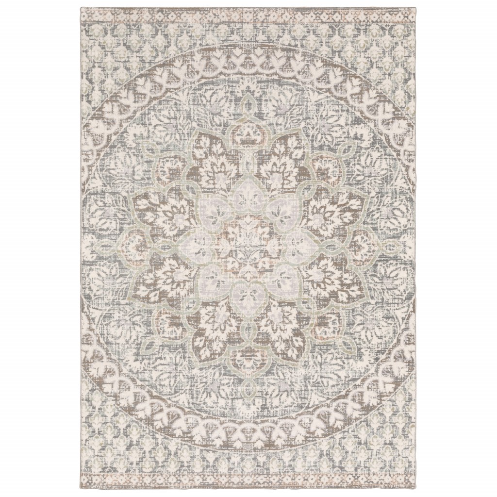 9" X 12" Ivory Grey Distresed Oversize Medallion Indoor Area Rug