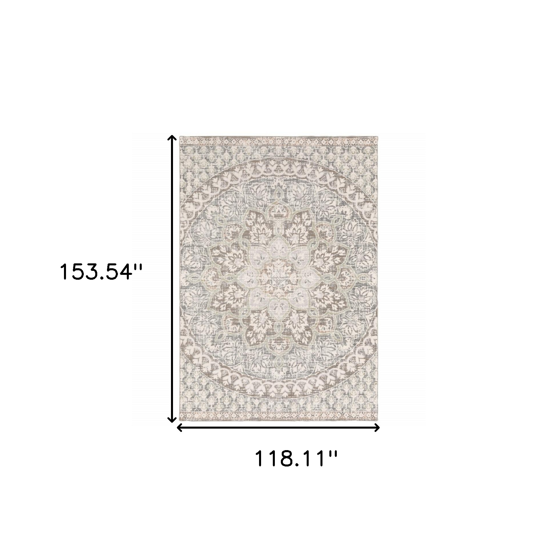 9" X 12" Ivory Grey Distresed Oversize Medallion Indoor Area Rug