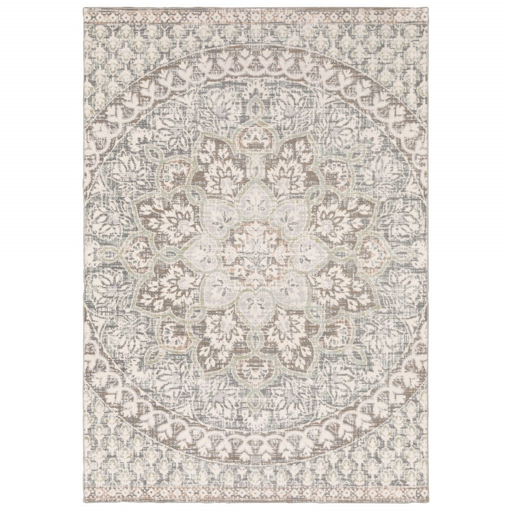 9" X 12" Ivory Grey Distresed Oversize Medallion Indoor Area Rug