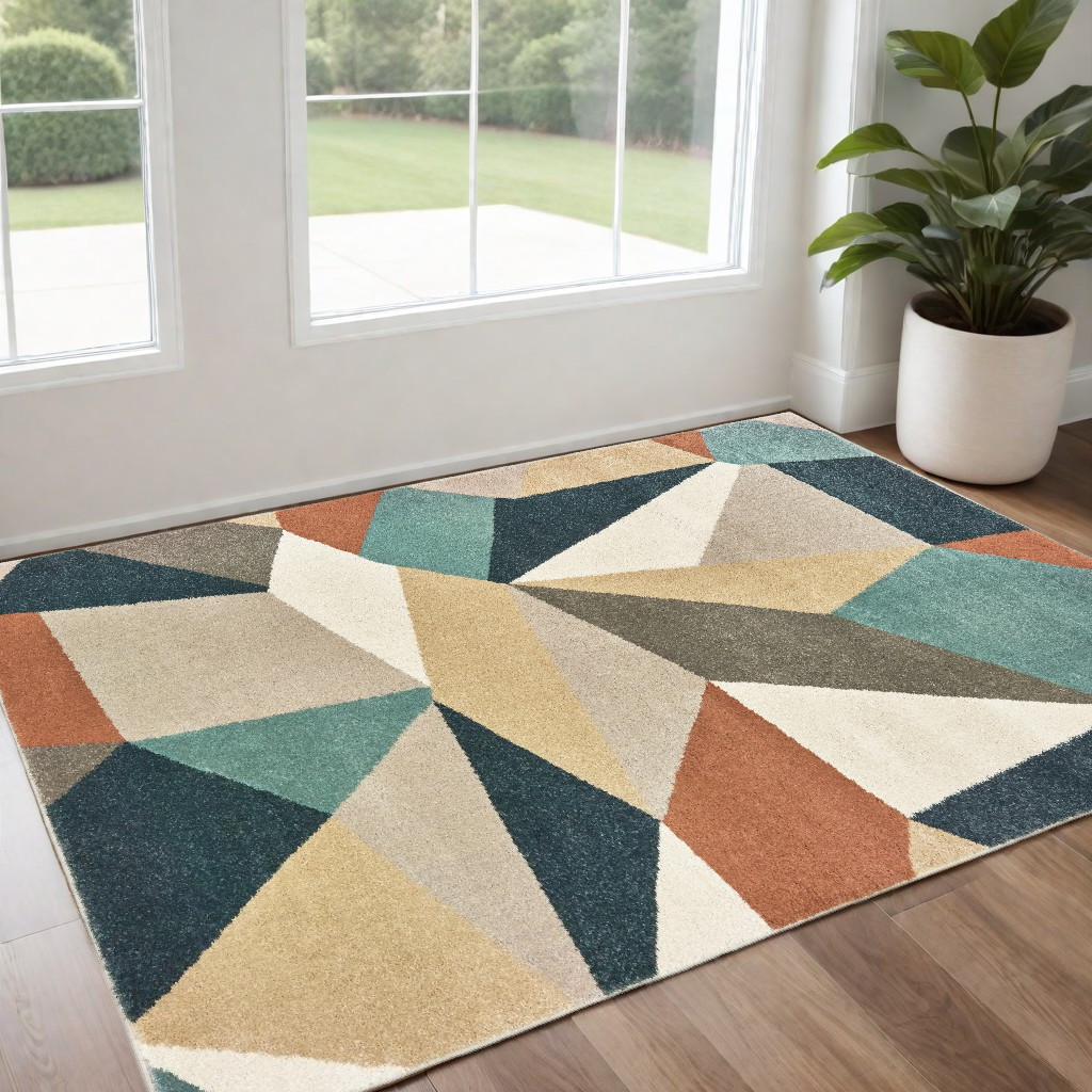 2' X 3' Blue Green And Beige Abstract Geometric Area Rug-384285-1