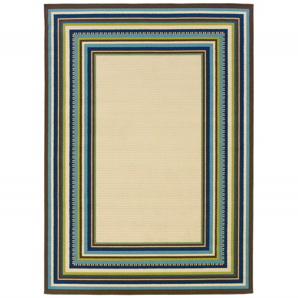 2' x 3' Ivory and Blue Striped Indoor Outdoor Area Rug-384307-1