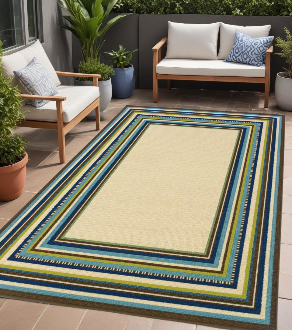 4' X 6' Ivory And Blue Striped Indoor Outdoor Area Rug-384308-1