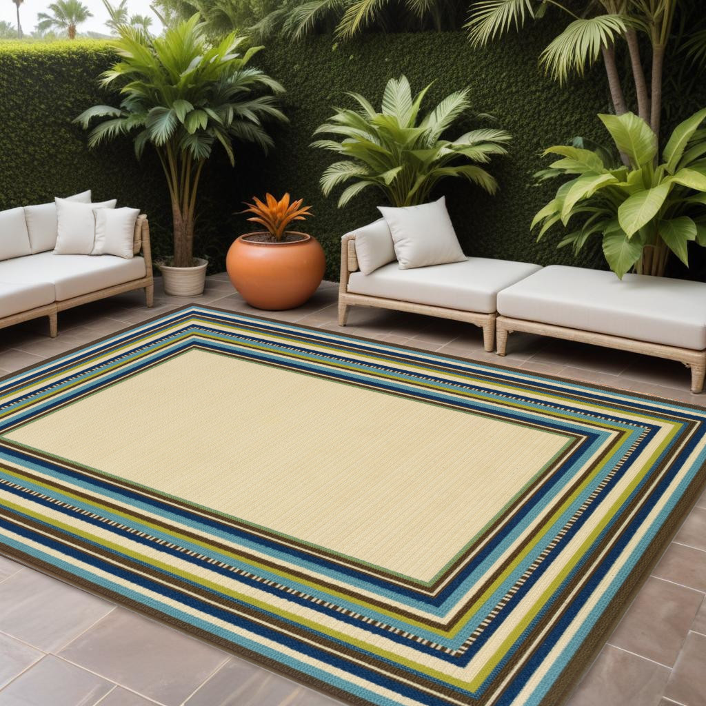 7' X 10' Ivory And Blue Striped Indoor Outdoor Area Rug-384310-1
