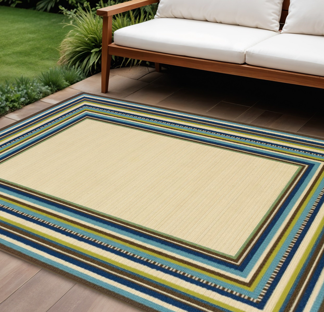 8' X 11' Ivory And Blue Striped Indoor Outdoor Area Rug-384311-1