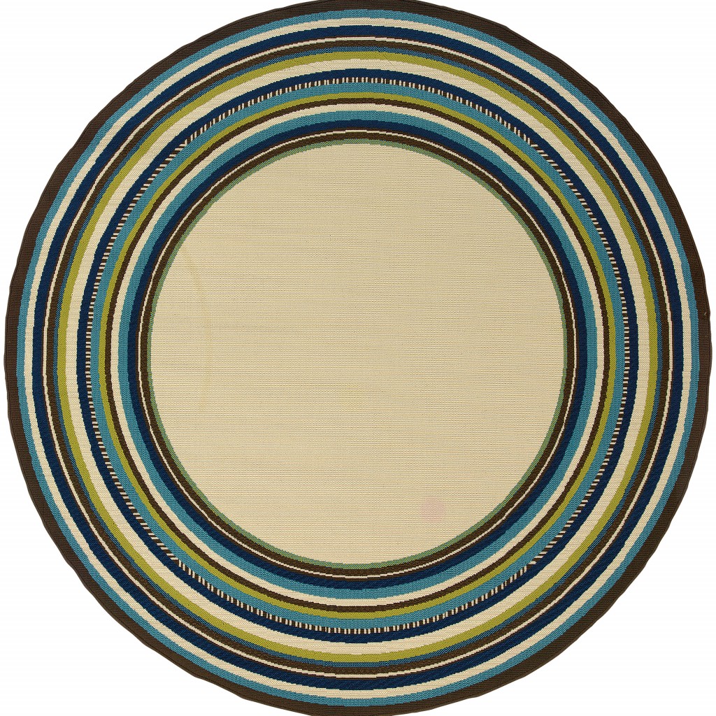 Ivory and Blue Round Striped Indoor Outdoor Area Rug-384312-1