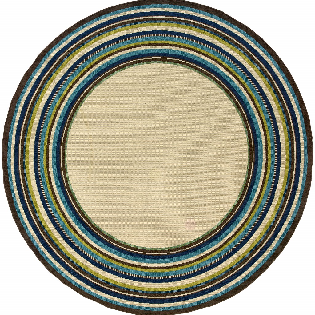 8' Ivory And Blue Round Striped Indoor Outdoor Area Rug-384312-1