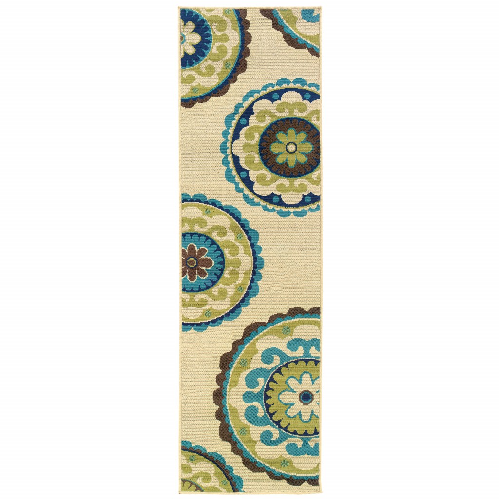 2' X 8' Green and Ivory Floral Indoor Outdoor Area Rug-384322-1