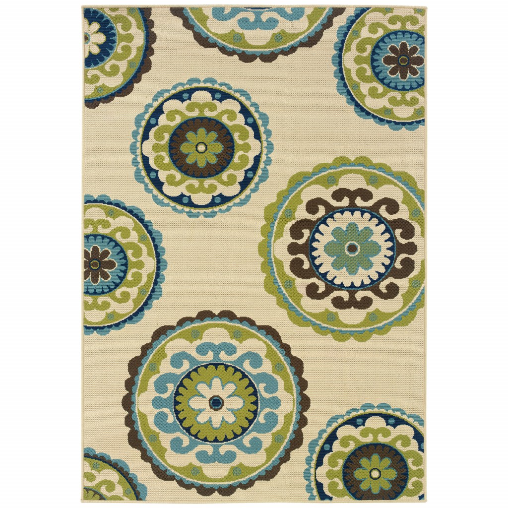 7' x 10' Green and Ivory Floral Indoor Outdoor Area Rug-384326-1