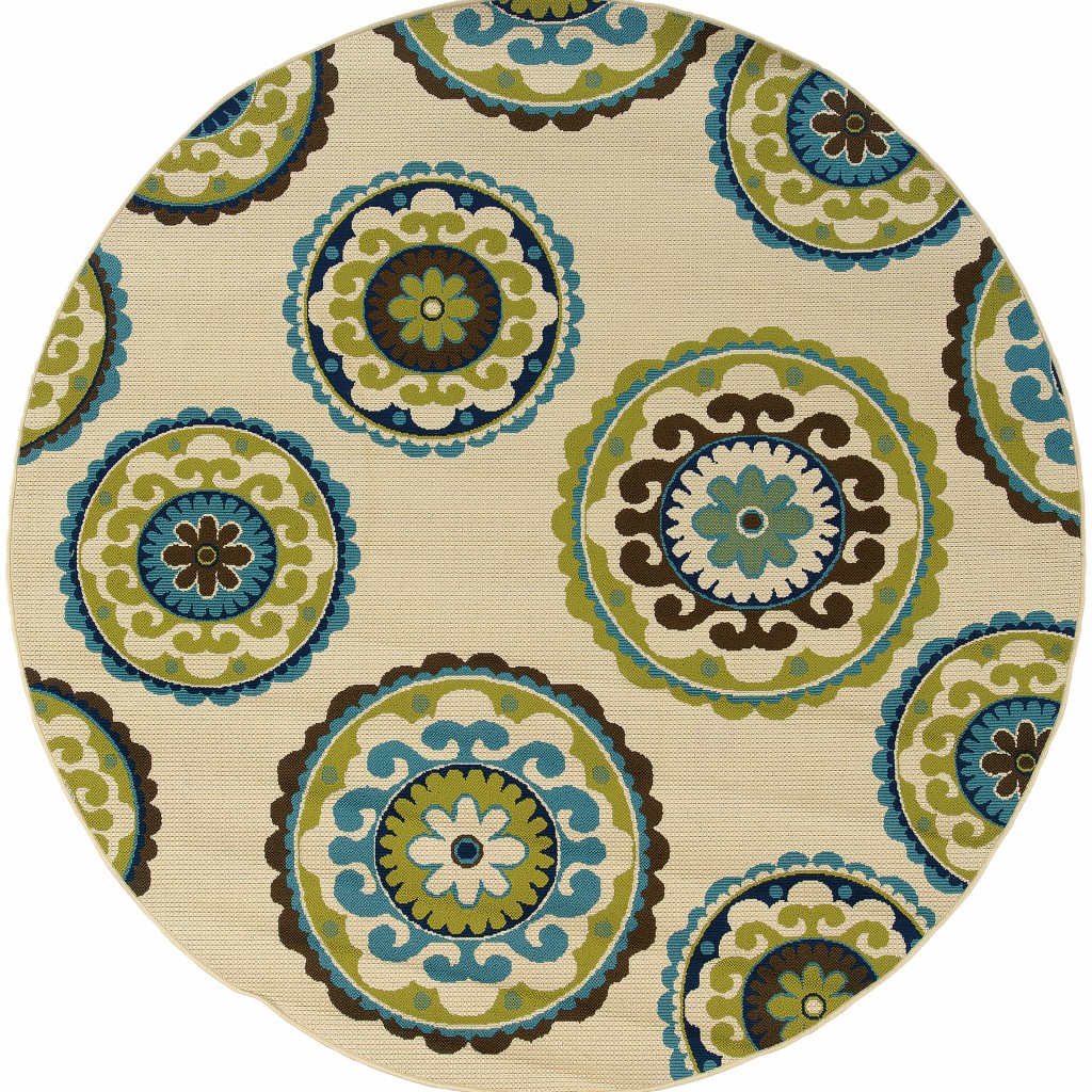 8' x 8' Green and Ivory Round Floral Indoor Outdoor Area Rug-384328-1