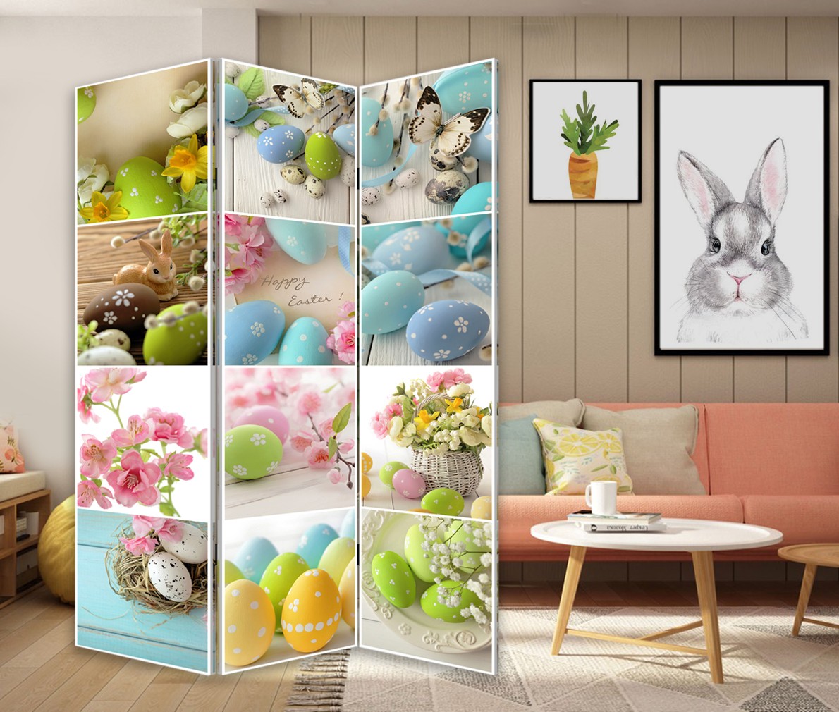3 Panel Reversible Easter Spring Art Room Divider Screen