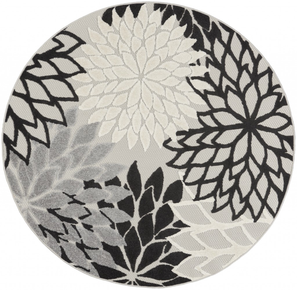 4' Round Black And White Round Floral Indoor Outdoor Area Rug-384598-1