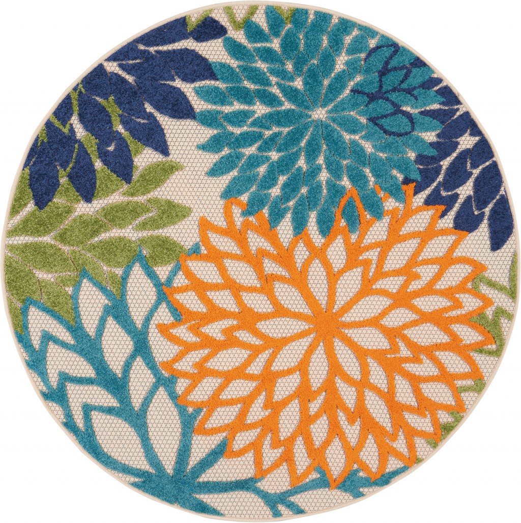 4' Round Ivory And Blue Round Floral Indoor Outdoor Area Rug-384634-1
