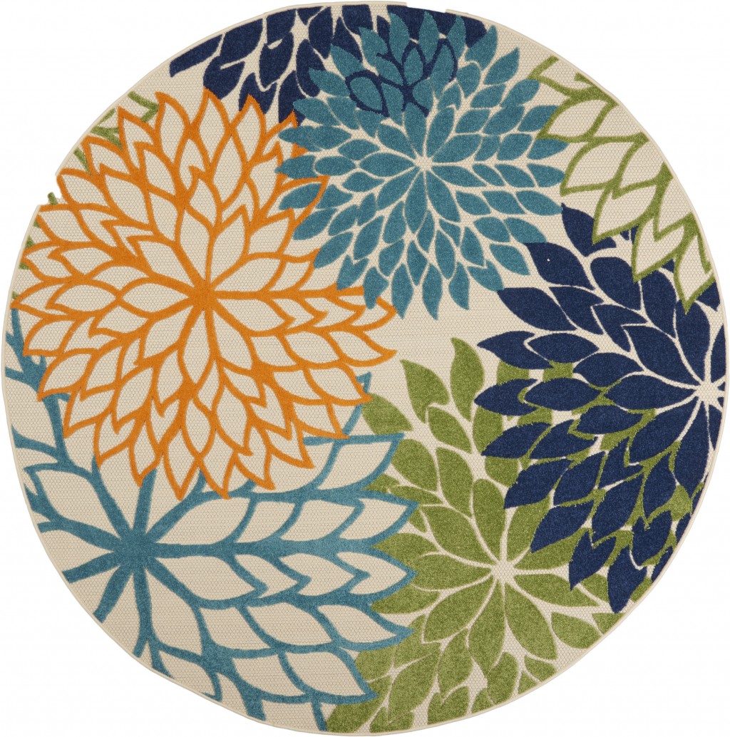 8' Round Ivory And Blue Round Floral Indoor Outdoor Area Rug-384646-1