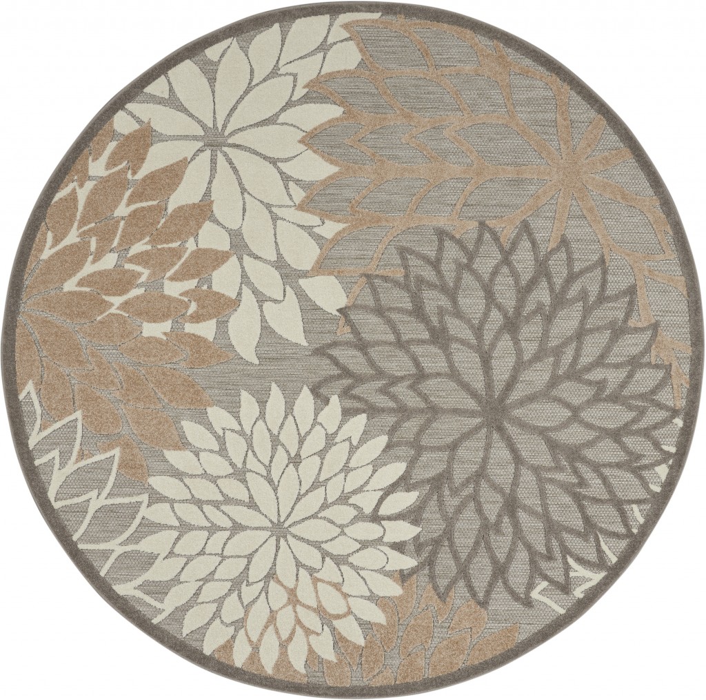 4' Round Gray And Ivory Round Floral Indoor Outdoor Area Rug-384660-1