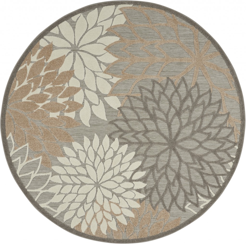8' Round Gray And Ivory Round Floral Indoor Outdoor Area Rug-384672-1