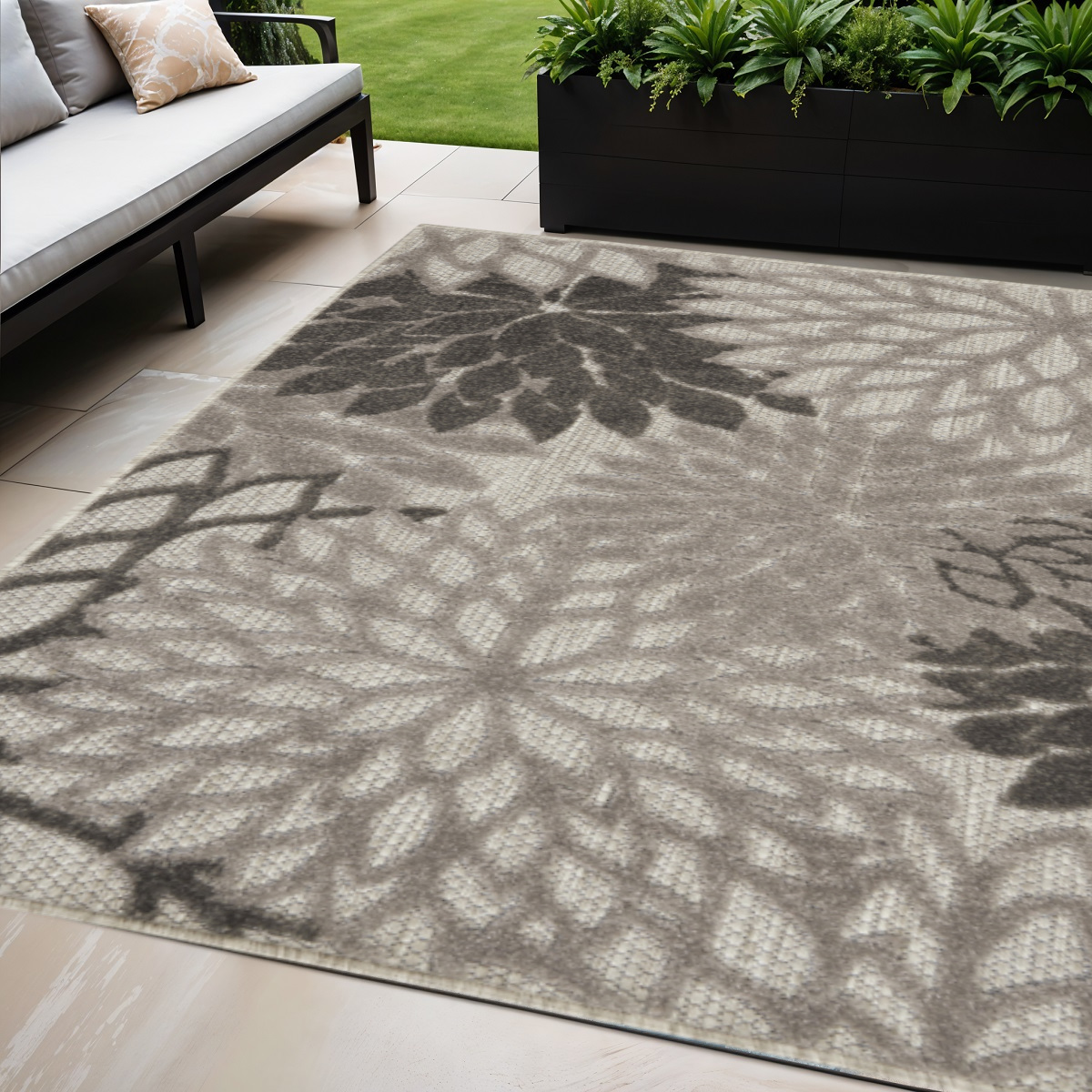 5' X 8' Gray Floral Indoor Outdoor Area Rug-384700-1