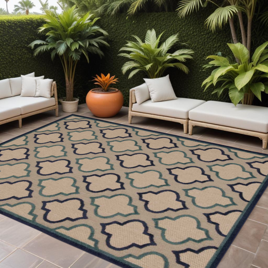 8' X 11' Blue And Ivory Geometric Indoor Outdoor Area Rug-384719-1