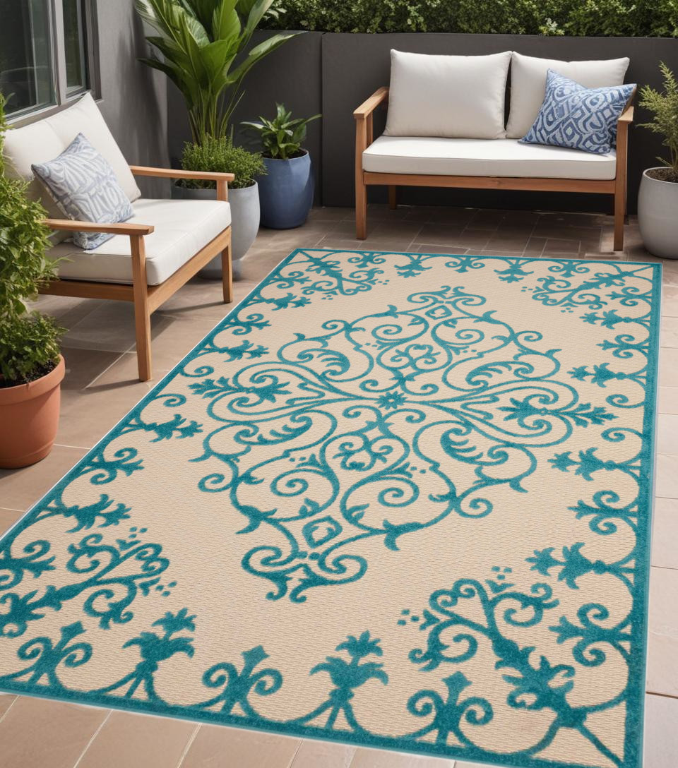 4' X 6' Aqua Damask Indoor Outdoor Area Rug-384730-1