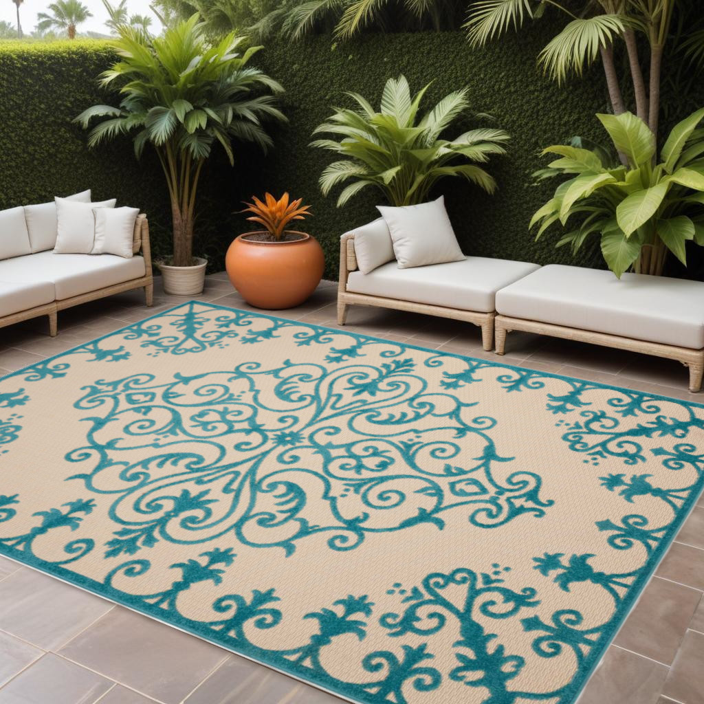 8' X 11' Aqua Damask Indoor Outdoor Area Rug-384734-1