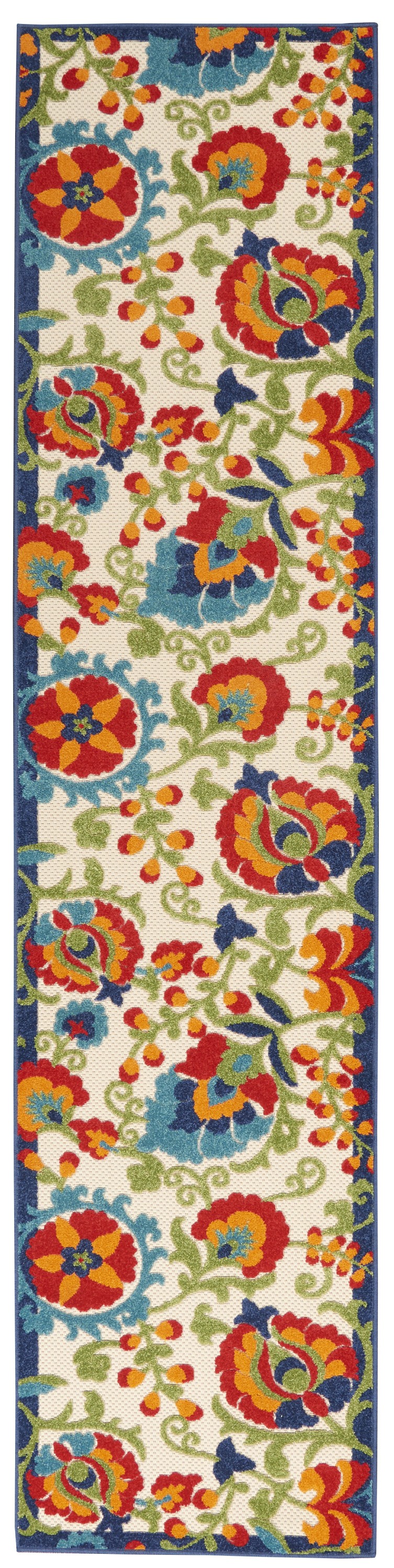 2' X 10' Green And Ivory Floral Indoor Outdoor Area Rug-384782-1