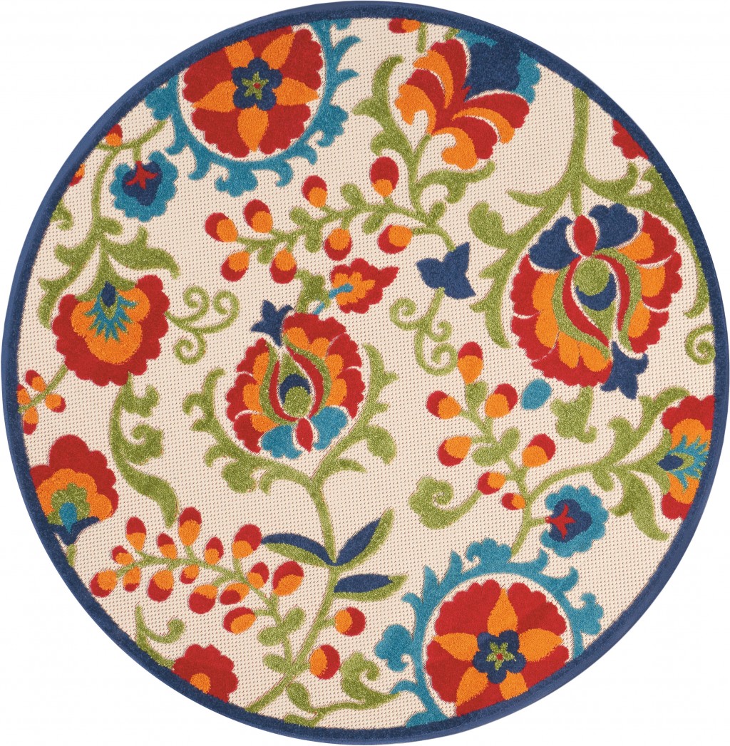 4' Round Green And Ivory Round Floral Indoor Outdoor Area Rug-384792-1