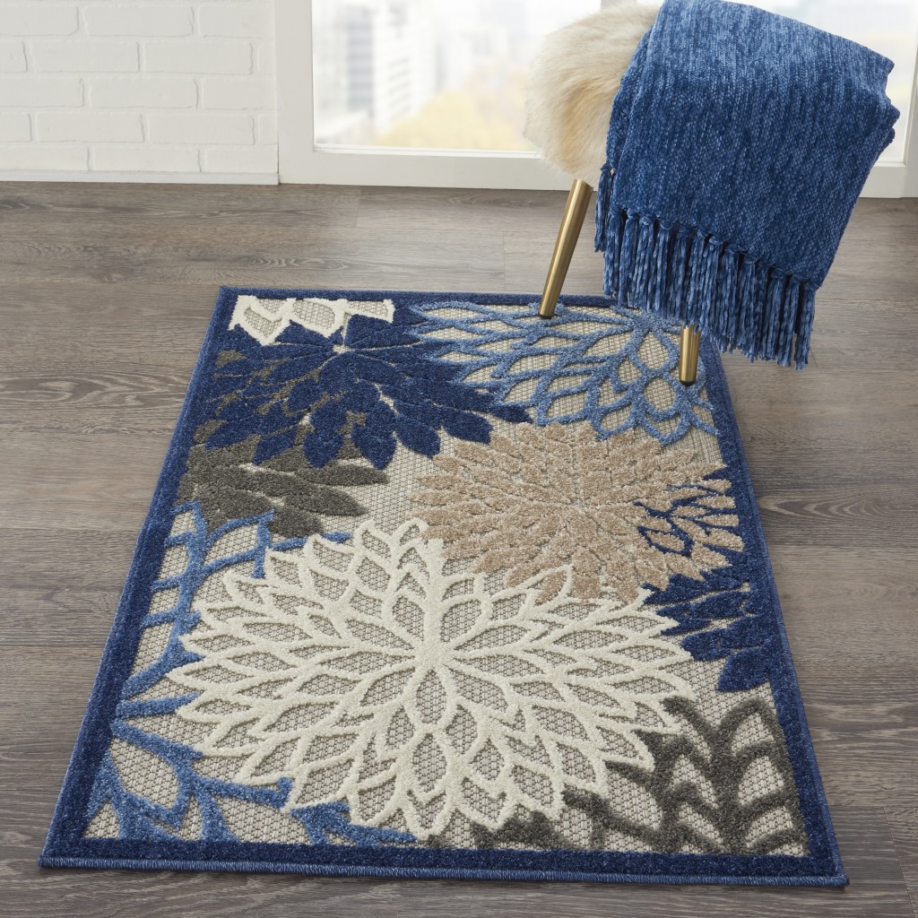 3 x 4 Blue Large Floral Indoor Outdoor Area Rug