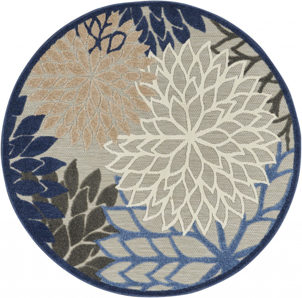 4' Round Blue And Gray Round Floral Indoor Outdoor Area Rug-384819-1