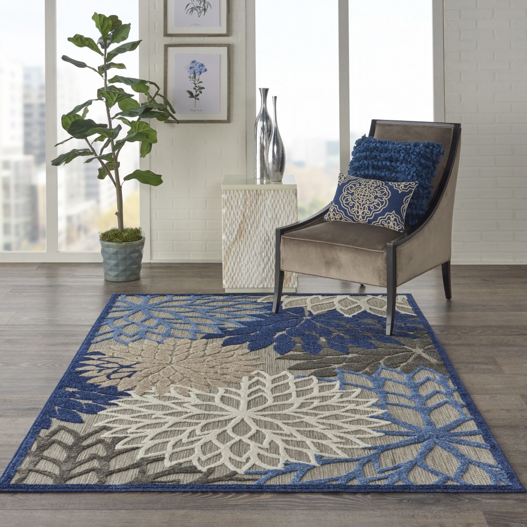 6 x 9 Blue Large Floral Indoor Outdoor Area Rug