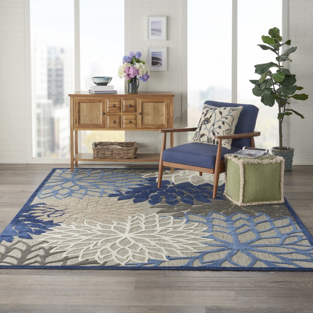 8 x 11 Blue Large Floral Indoor Outdoor Area Rug