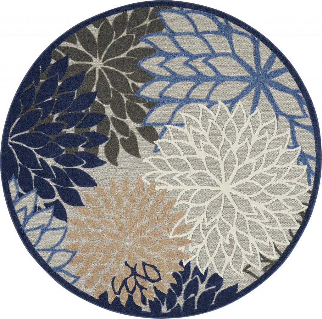 8' Round Blue And Gray Round Floral Indoor Outdoor Area Rug-384825-1