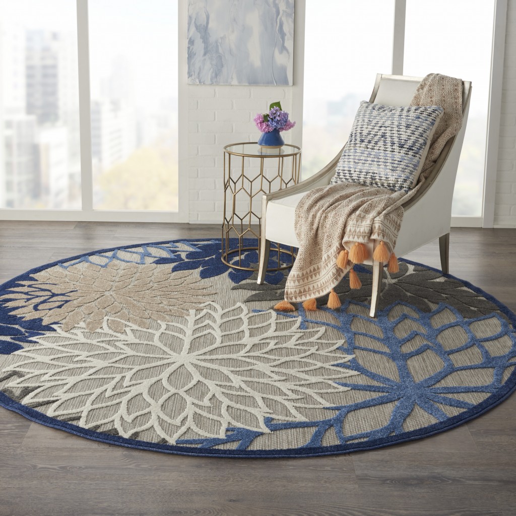 8 Round Blue Large Floral Indoor Outdoor Area Rug