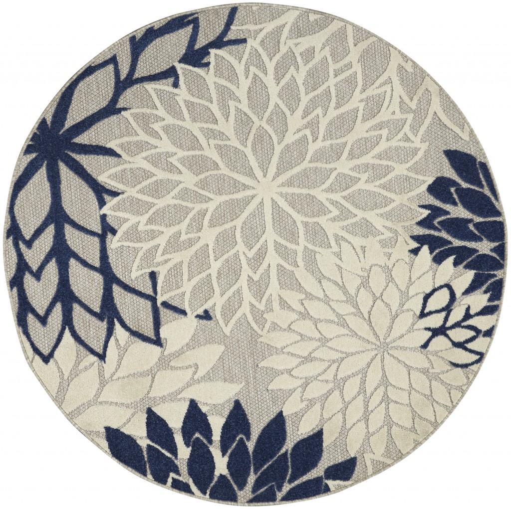 4' Round Ivory And Blue Round Floral Indoor Outdoor Area Rug-384832-1