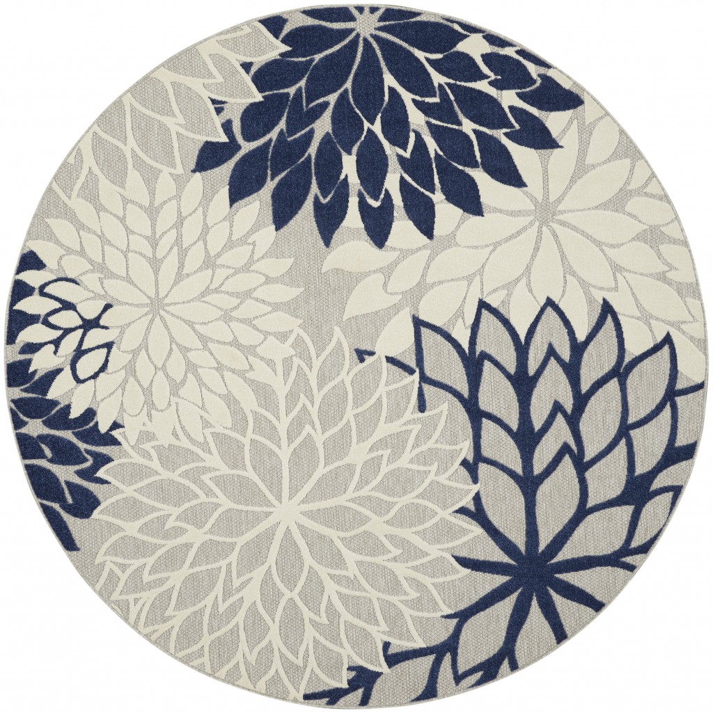8' Round Ivory And Blue Round Floral Indoor Outdoor Area Rug-384838-1