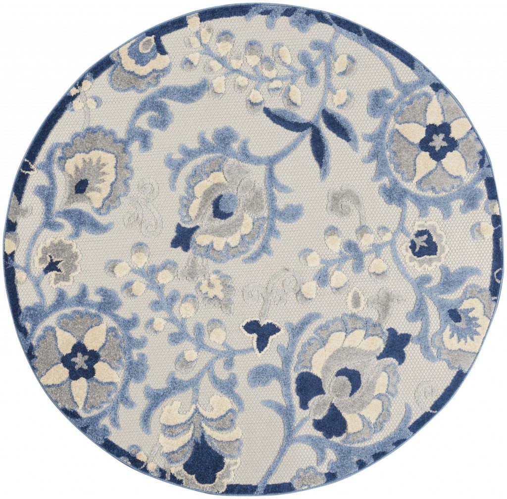 4' Round Blue And Gray Round Floral Indoor Outdoor Area Rug-384839-1