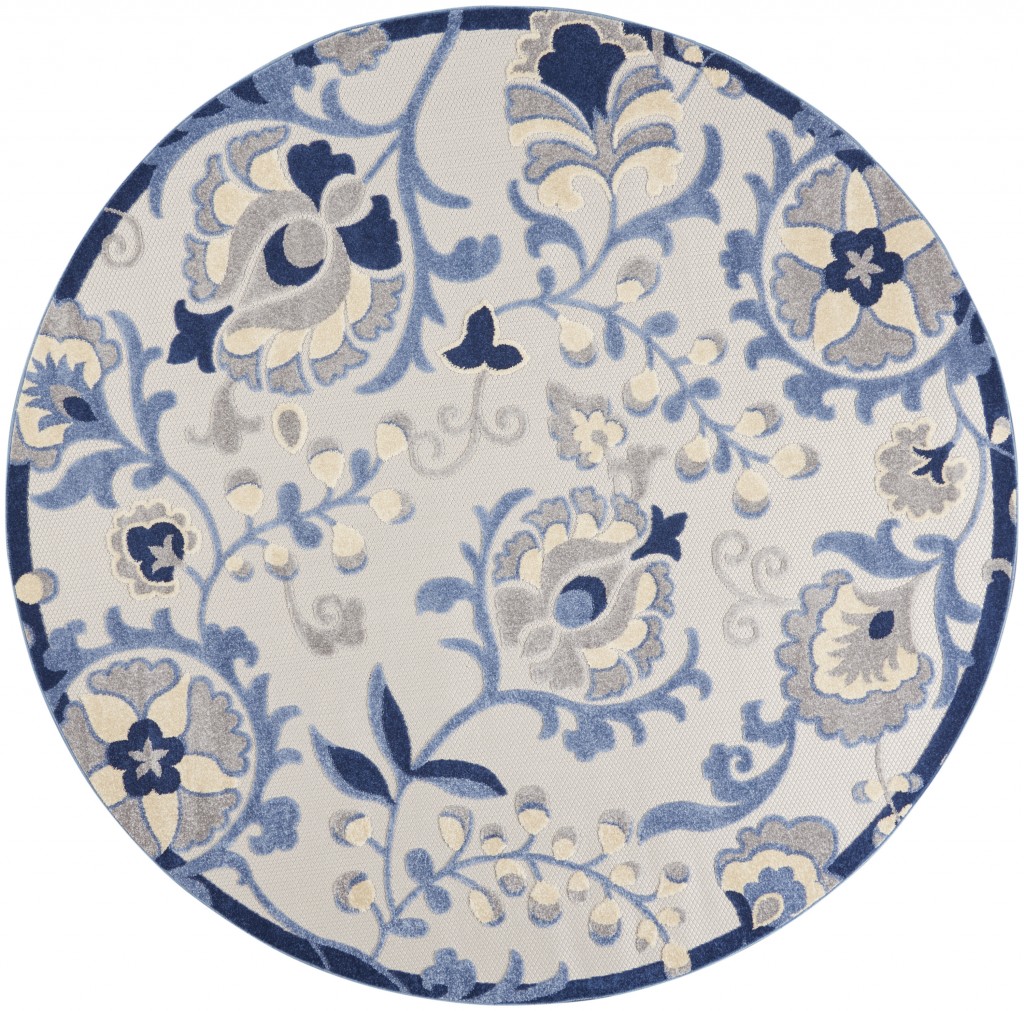 8' Round Blue And Gray Round Floral Indoor Outdoor Area Rug-384843-1