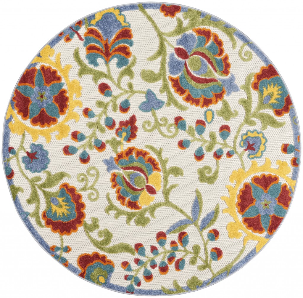 4' Round Green And Ivory Round Floral Indoor Outdoor Area Rug-384845-1