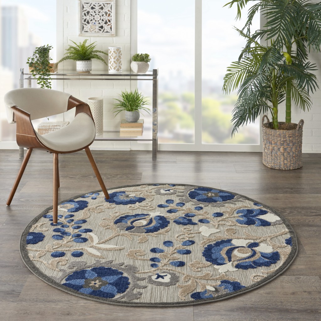 5 Round Natural and Blue Indoor Outdoor Area Rug
