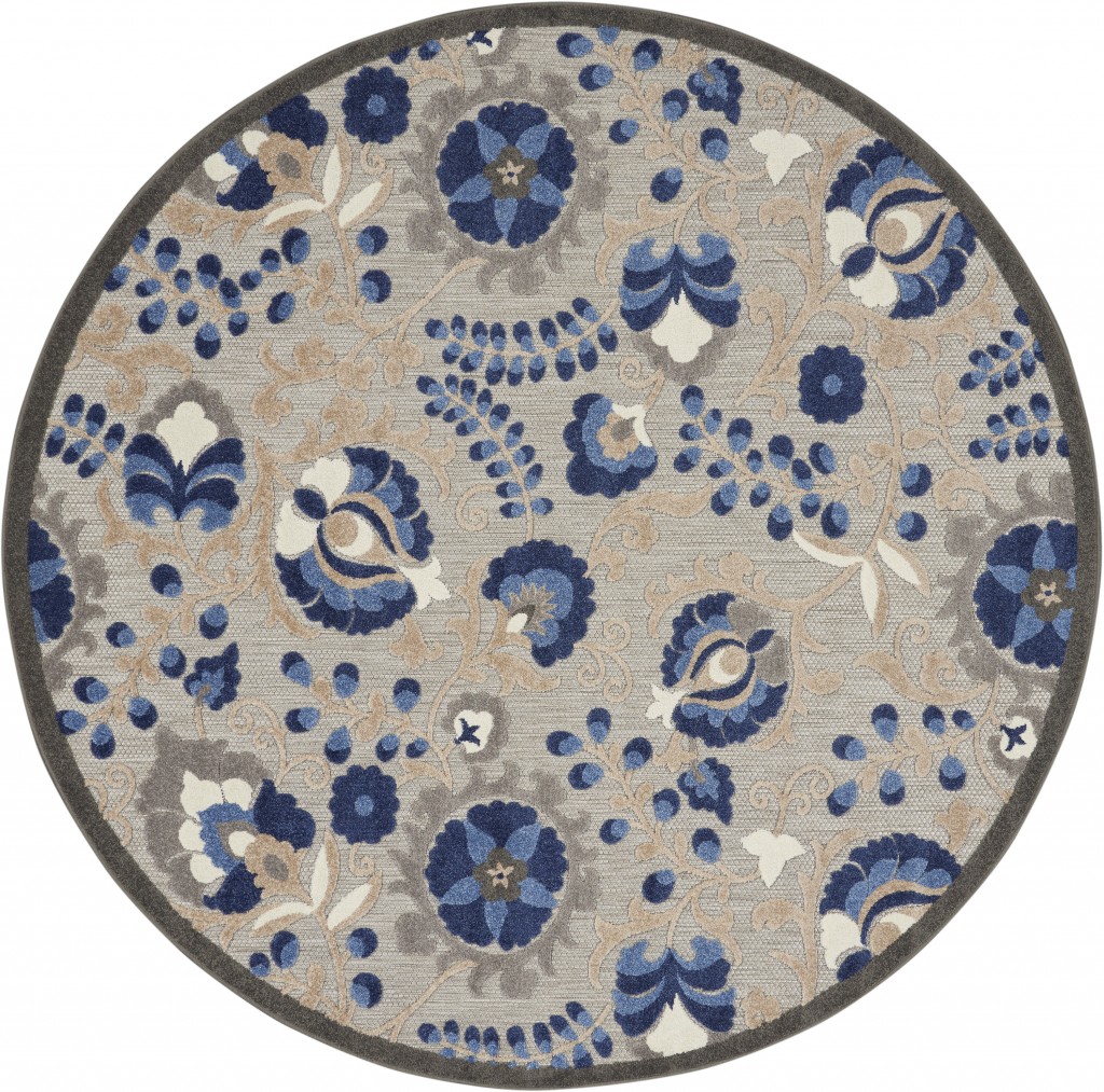 8' Round Blue And Gray Round Floral Indoor Outdoor Area Rug-384864-1