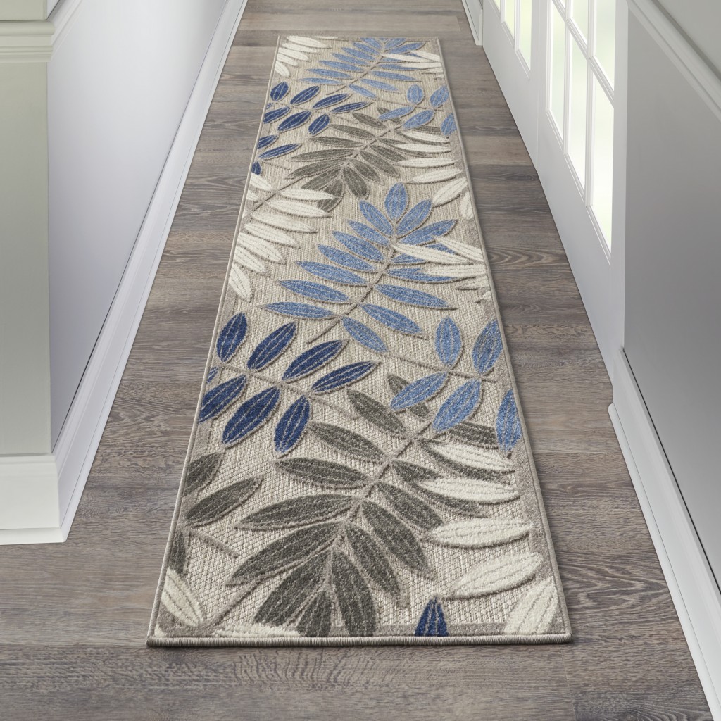 2 x 6 Gray and Blue Leaves Indoor Outdoor Runner Rug