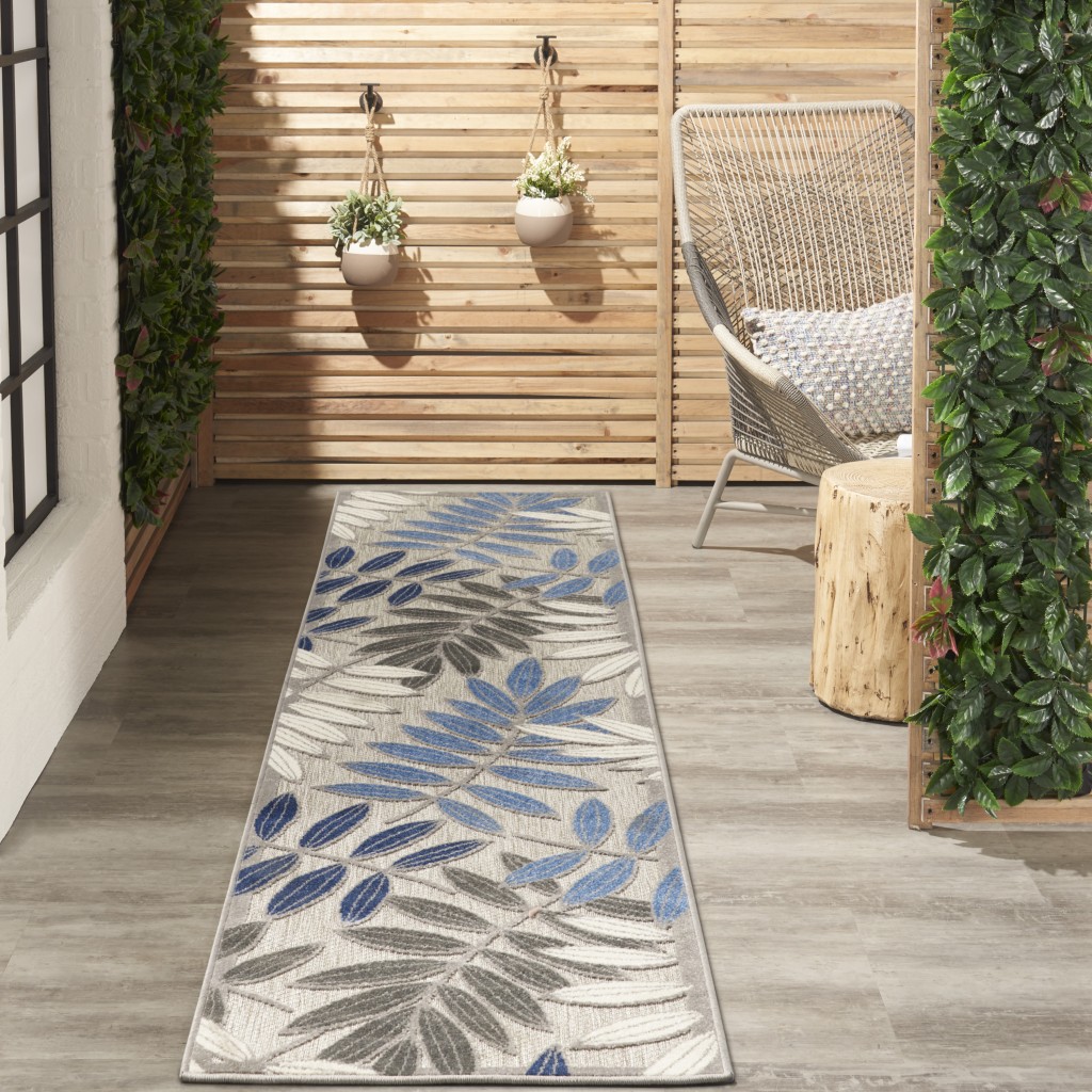 2 x 10 Gray and Blue Leaves Indoor Outdoor Runner Rug