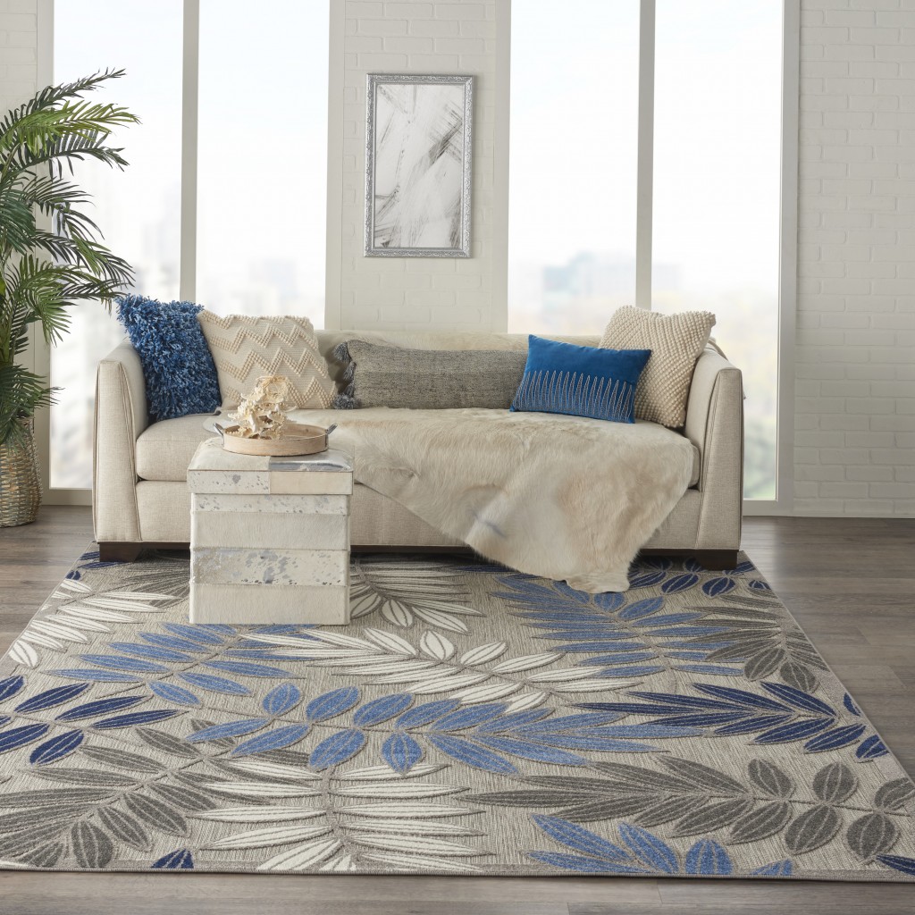 6 x 9 Gray and Blue Leaves Indoor Outdoor Area Rug