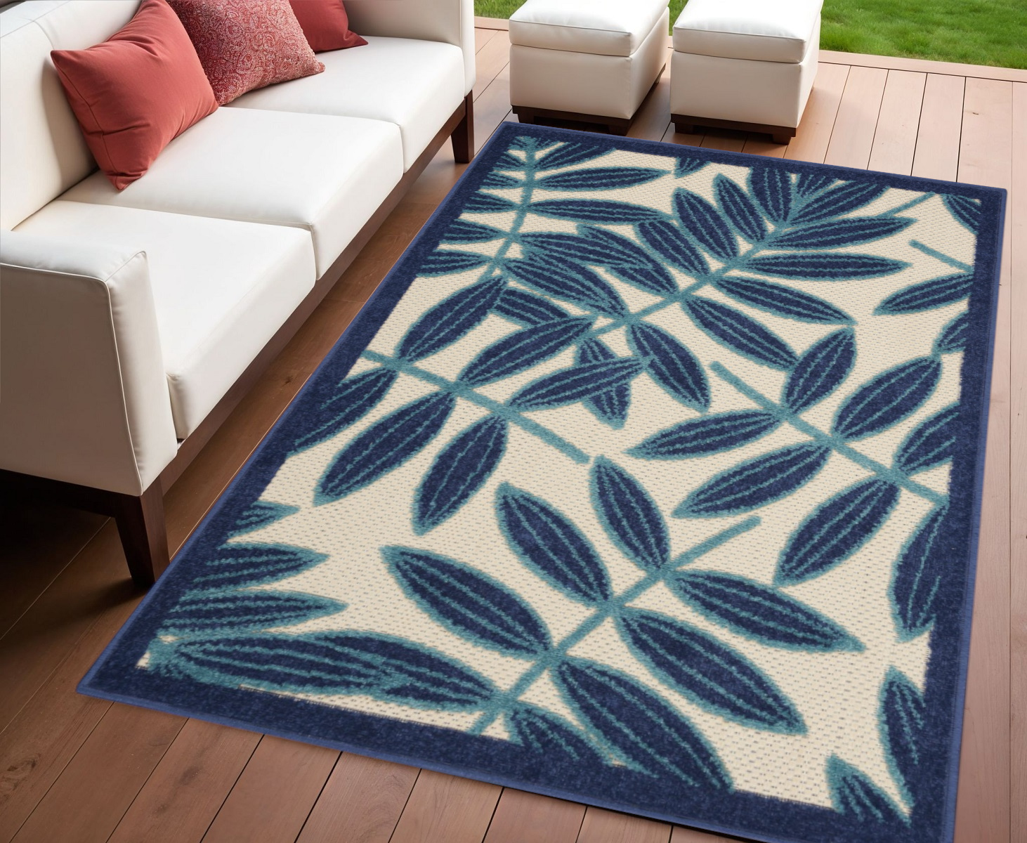 4' X 6' Blue And Ivory Floral Indoor Outdoor Area Rug-384963-1