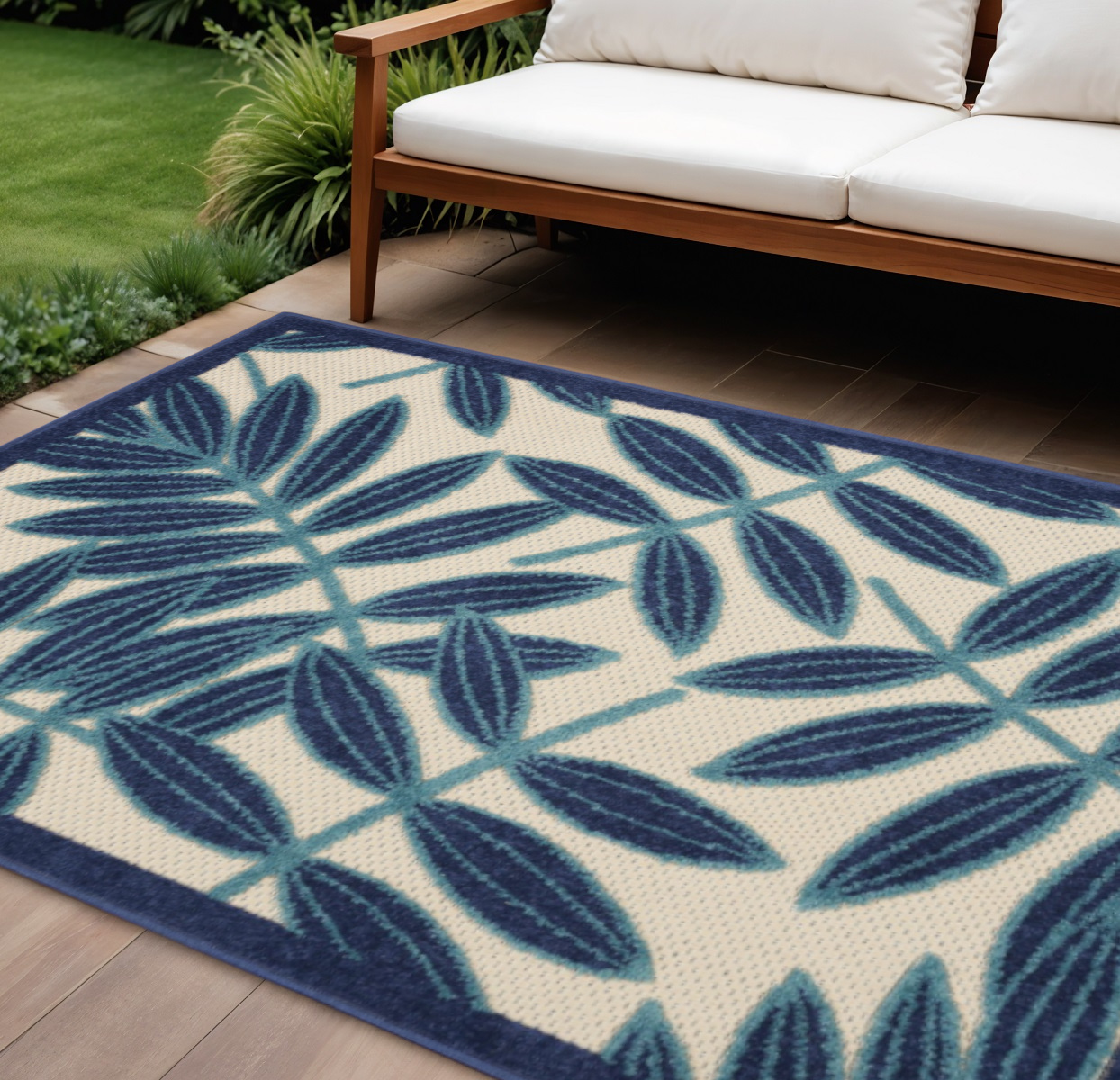 8' X 11' Blue And Ivory Floral Indoor Outdoor Area Rug-384965-1