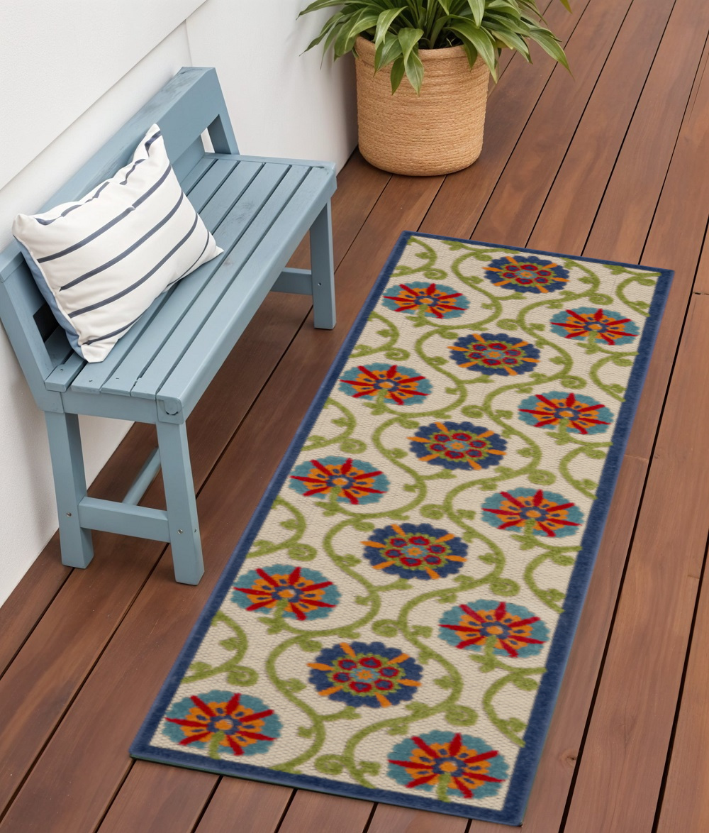 6' Ivory And Blue Indoor Outdoor Area Rug-384967-1