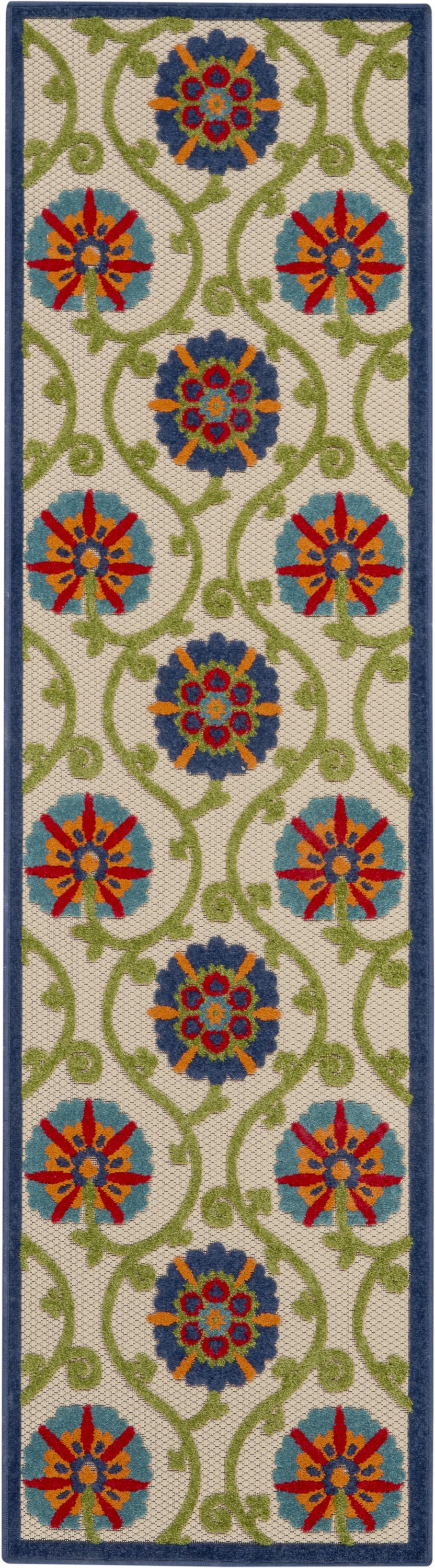 2' X 8' Ivory And Blue Floral Indoor Outdoor Area Rug-384968-1