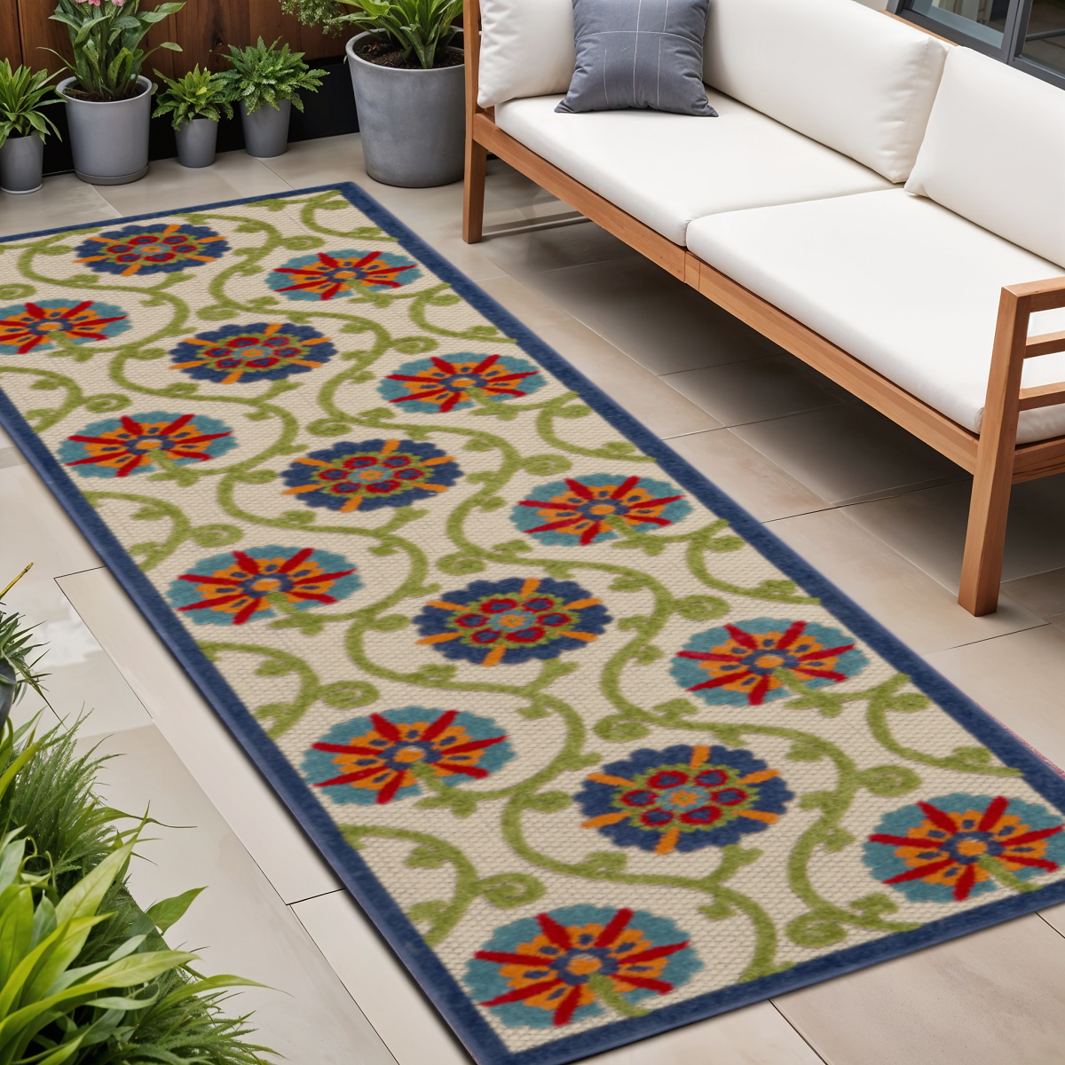 8' Ivory And Blue Indoor Outdoor Area Rug-384968-1