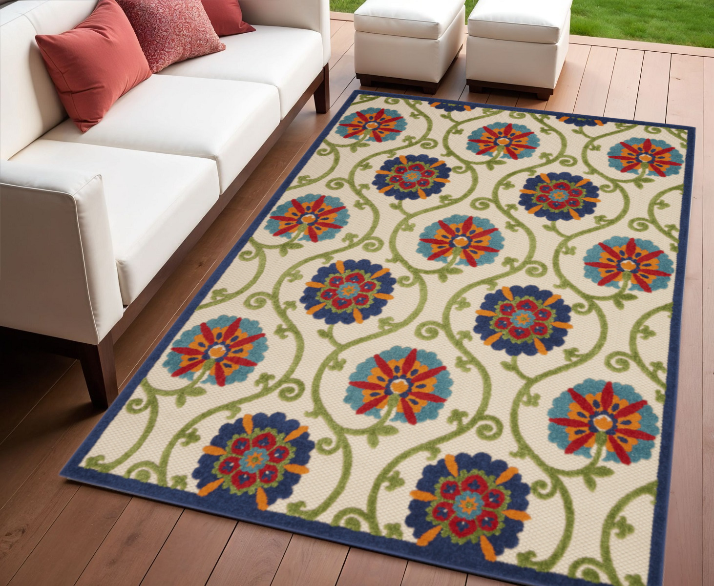 4' X 6' Ivory And Blue Indoor Outdoor Area Rug-384971-1