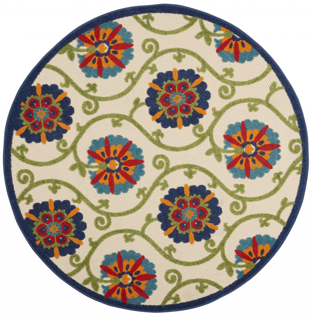 4' Round Ivory And Blue Round Floral Indoor Outdoor Area Rug-384972-1